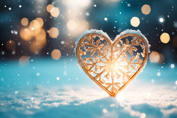 Snowflake Heart Shape with Bokeh and Falling Blue and Gold Frozen Snowflakes, Luxorious Magical Pastel Christmas New Year Love Valentine Engagement Gift Present. Generative AI.  - obrazy, fototapety, plakaty