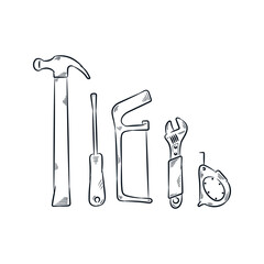 Set of constraction worker tools line drawing silhouette sketch vector icon illustration. Labor day element design.