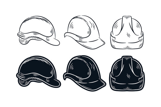 Set Of Safety Helmets Line Drawing Silhouette Sketch Vector Icon Logo Illustration. Labor Day Element Design.