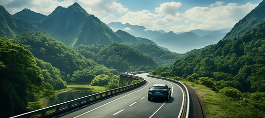 a mountainous, winding road. On a tight lane, there are two cars approaching each other to pass. a lush forest surrounds you. - obrazy, fototapety, plakaty