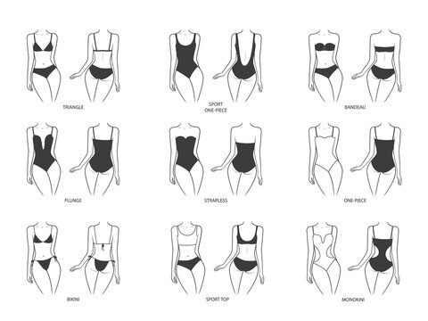 Collection of swimwears on a woman's body. Swimsuits front and back view. Illustration on transparent background