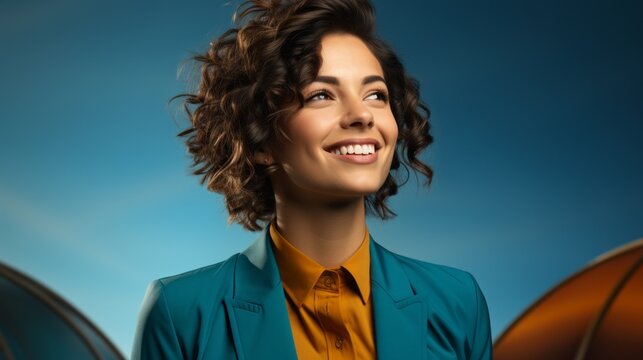 a woman enjoying life and laughing on a blue background