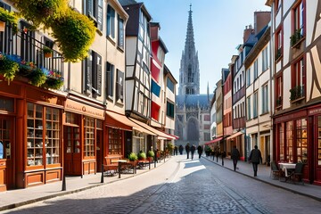 A view of the place and street saint amand, in the historic center of rouen, with shop fronts and a...