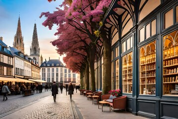 Fototapeta na wymiar A view of the place and street saint amand, in the historic center of rouen, with shop fronts and a beautiful mimosa tree