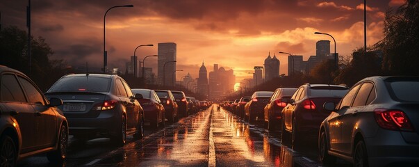 a city roadway during rush hour. Traffic is backed up on the motorway..