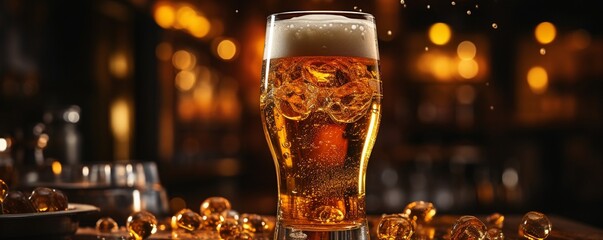 A pint glass was filled with craft beer. A huge lager beer is poured into the tap by a bartender's hand. pouring beer for a customer.