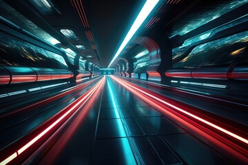 Fototapeta premium The voronai speed light tunnel is the setting for advertisements in the science fiction and technological innovation industries.