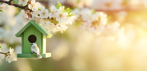 Birdhouse and spring blossom background with copy space for your text