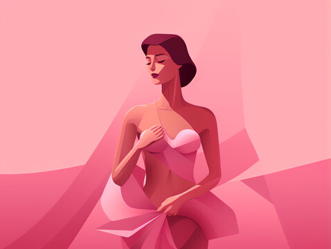 Breast cancer awareness month, woman in pink illustration background, healthcare movement