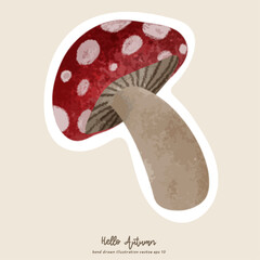 Hello Autumn,red mushroom  elements hand drawing lettering in autumn season with fall  plants, flat style, isolated on cream color Background   background , illustration Vector EPS 10