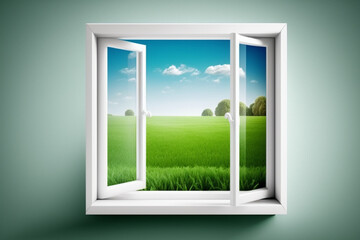 Open white window to beautiful spring landscape with green grass and blue sky