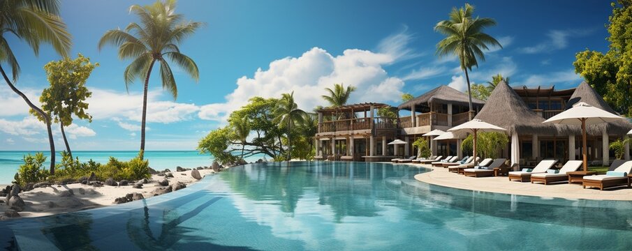 opulent beachfront resort with a pool, lounge chairs, umbrellas, palm trees, and a clear sky,.