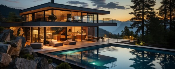minimalist luxury villa in the modern day. Mountains with a glass house. from a contemporary villa, stunning mountain views.