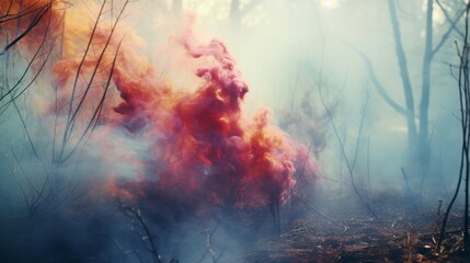 Colorful smoke in a vibrant forest setting