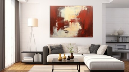 Modern living room interior with a large painting above the sofa created with Generative AI technology.