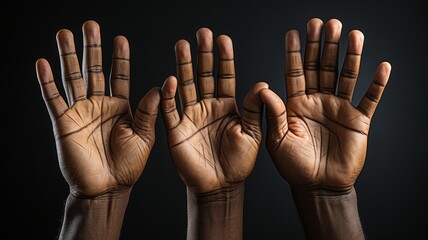 Three different hands point upwards and reveal the same thing..