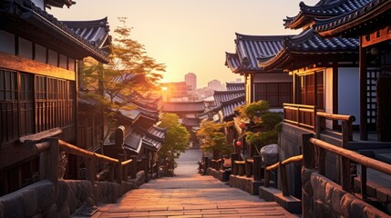 Obraz premium Bukchon Hanok Village during sunrise without people. Generative AI