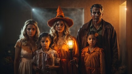Obraz premium Halloween family with themed costumes and orange pumpkins. Monsters, zombies and sweets. Trick or treat. Halloween holiday. Halloween dinner. AI generative.