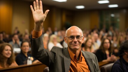 College students raise their hands when an anonymous professor asks a question..