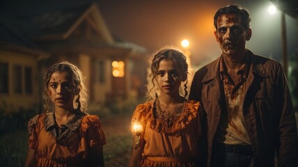 Naklejka premium Halloween family with themed costumes and orange pumpkins. Monsters, zombies and sweets. Trick or treat. Halloween holiday. Halloween dinner. AI generative.