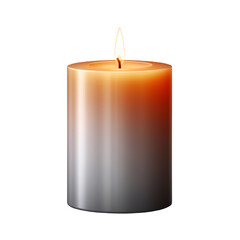 A realistic candle with an ombre effect from orange to grey, set against a white background