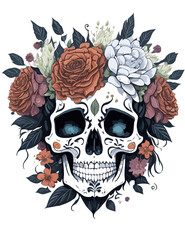 Skull with flowers.Roses and lily.White background.
