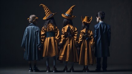 Naklejka premium Halloween family with themed costumes and orange pumpkins. Monsters, zombies and sweets. Trick or treat. Halloween holiday. Halloween dinner. AI generative.