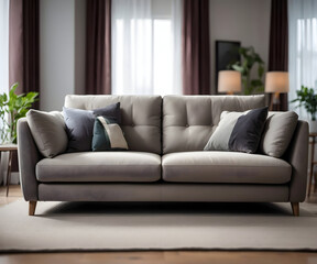 living room with gray sofa and pillows on carpet