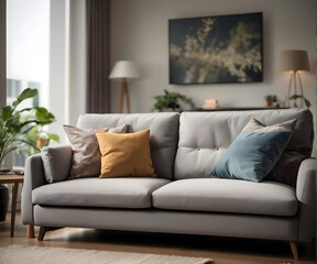living room with gray sofa and pillows on carpet