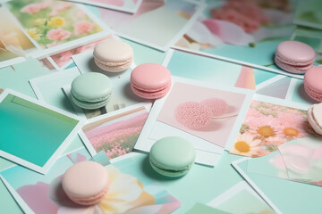 Pastel tones and samples of the color of wallpaper or fabric. Lots of paper and confetti. Generative AI.