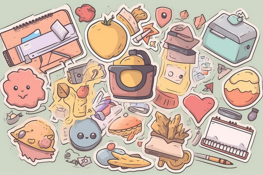 Funny and cute stickers in different styles. doodle cartoon set of School objects and symbols photo realistic. Generative AI.