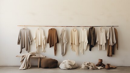 Generative AI, Cloth store aesthetic background, photo of clothes hanging on hangers, muted neutral colors - obrazy, fototapety, plakaty