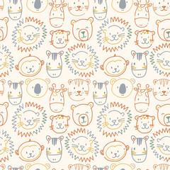 Beautiful kids vector seamless pattern with cute hand drawn safari animal faces. Children stock lion tiger bear zebra monkey illustratrion.