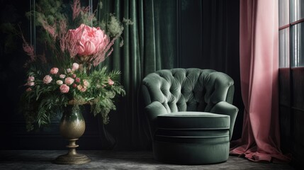 A green flower in a black container is placed next to a soft pink chair on a luxurious velvet toilet.