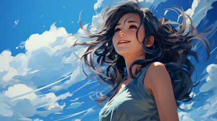 a woman laughing emotionally against a colorful background