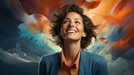 Naklejka premium a woman laughing emotionally against a colorful background