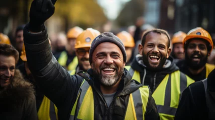 Foto op Canvas Construction workers smiling in yellow vests and vests raise their hands in the air success concept © JKLoma