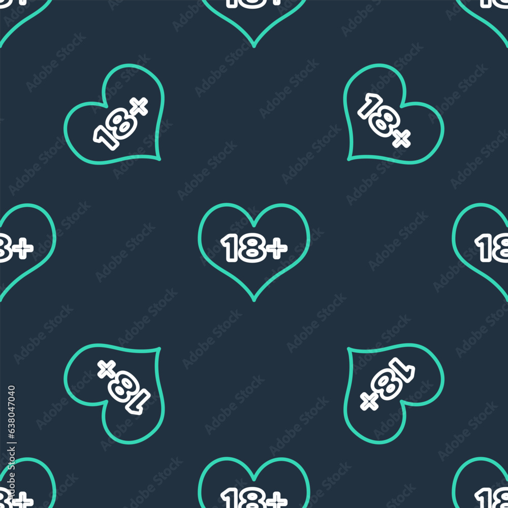 Poster Line 18 plus content heart icon isolated seamless pattern on black background. Adults content only icon. Vector