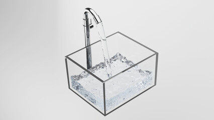 3D rendering of water flow from falcet in to clear box