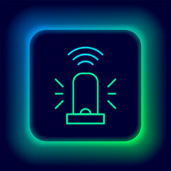 Glowing neon line Smart flasher siren system icon isolated on black background. Emergency flashing siren. Internet of things concept with wireless connection. Colorful outline concept. Vector