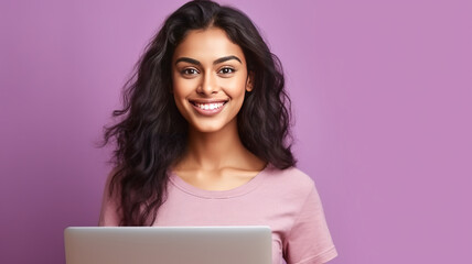 Naklejka premium Happy Indian woman with laptop computer working or studying online on lilac background.generative ai