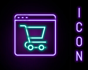 Glowing neon line Online shopping on screen icon isolated on black background. Concept e-commerce, e-business, online business marketing. Colorful outline concept. Vector