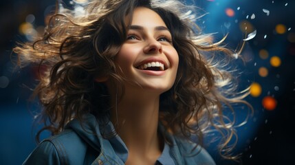 Naklejka premium pretty woman laughing on a blue background