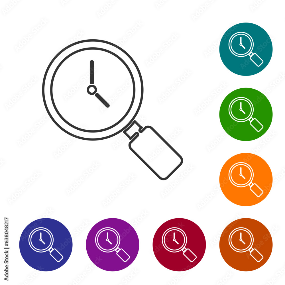 Poster black line magnifying glass with clock icon isolated on white background. set icons in color circle 