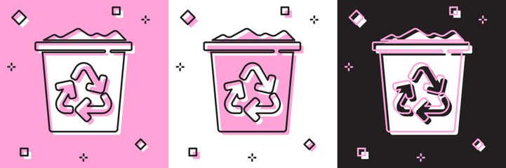 Set Recycle bin with recycle symbol icon isolated on pink and white, black background. Trash can icon. Garbage bin sign. Recycle basket sign. Vector