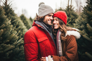 Couple in love choosing christmas tree outdoors. Winter holidays. - Powered by Adobe