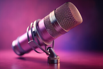 Fototapeta na wymiar Professional microphone with pink purple background banner, Podcast or recording studio. Generative AI