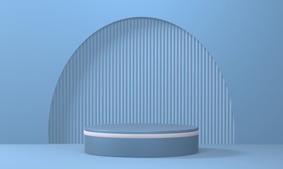 Empty minimalistic blue podium with white rim in studio lighting. Single cylinder on a blue background with an arch. 3d render