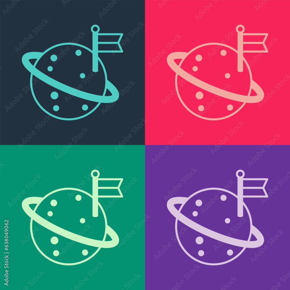 Poster pop art moon with flag icon isolated on color background. vector