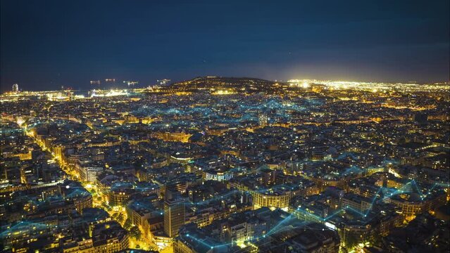 Evening aerial panoramic hyperlapse footage of metropolis. Forwards fly above illuminated streets and buildings in urban boroughs. Added visual effects. Barcelona, Spain